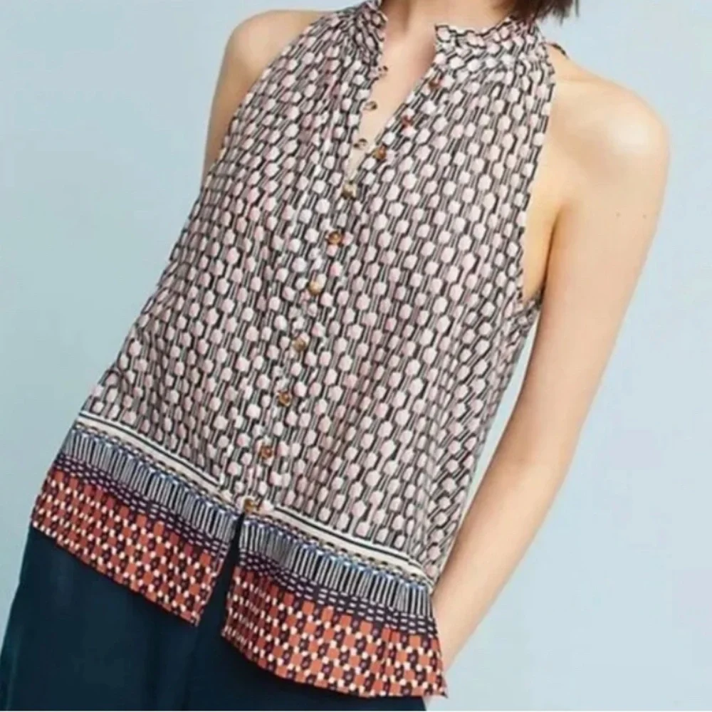Anthro Maeve Prema Printed Tank Top Ruffle Button Front sz M like new - Picture 6 of 7